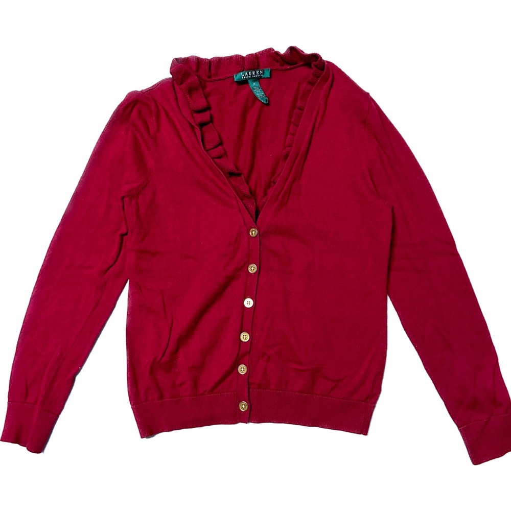 Lauren by Ralph Lauren red cardigan sweater with ruffle collar